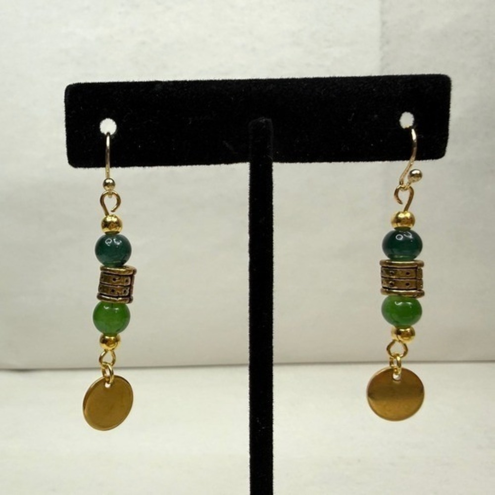 18K Gold Plated Hook Green Agate Jade Bead Gold Tone Disc Earrings Dangle Drop